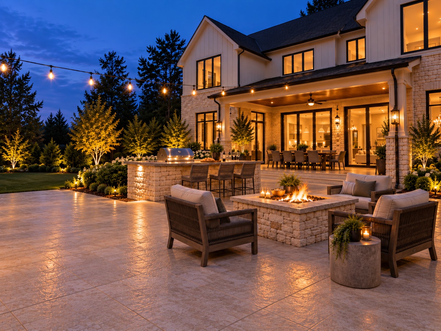 Stamped concrete terrace at dusk with a lit fire table, cushioned seating and a covered outdoor kitchen